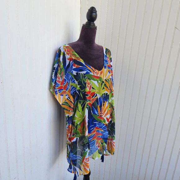 Kona Sol Dress Cover-Up Women Tropical Floral Print Tunic Lace Back Color Sz S - Picture 2 of 13